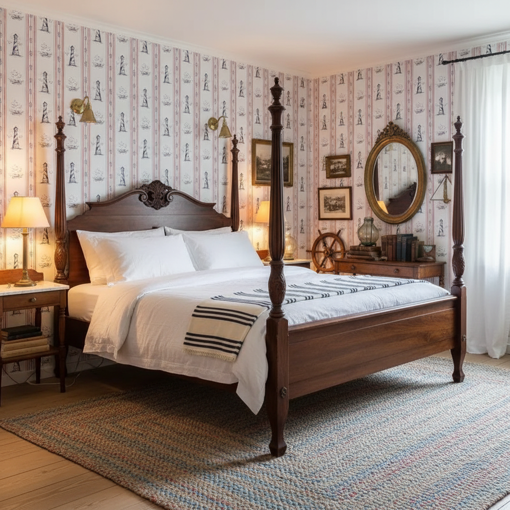 Bedroom with wooden bed, patterned wallpaper, and decorative elements.