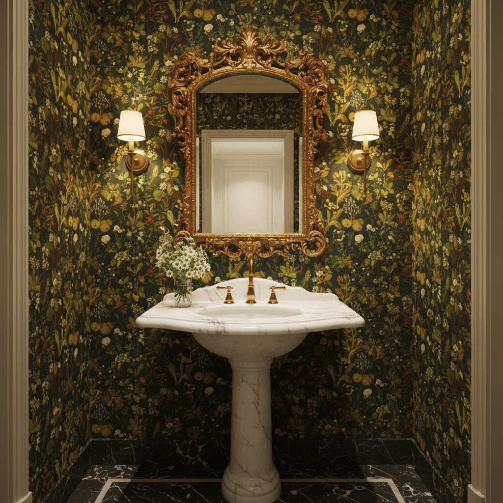 Bathroom with ornate mirror, floral wallpaper, and white sink.