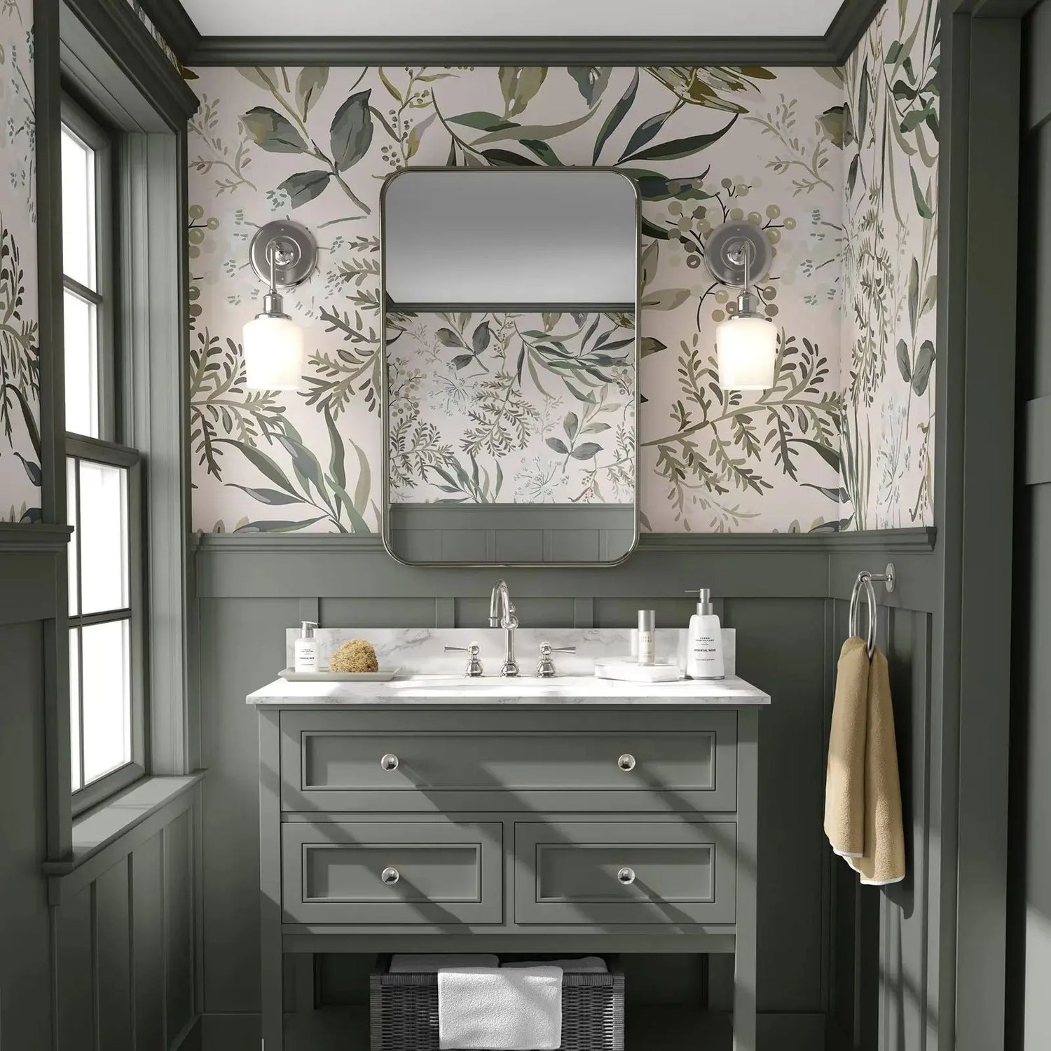 Bathroom with floral wallpaper, gray vanity, and window light