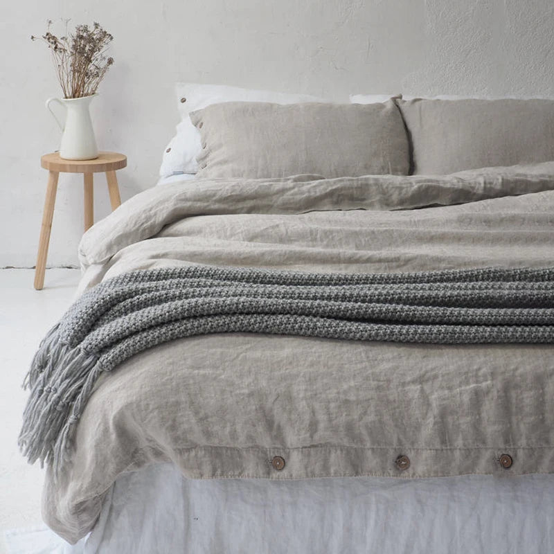 Experience luxury with our 100% Organic Flax Linen Washed Bedding Set in khakhi. Soft, breathable, and durable, it ensures ultimate comfort and timeless elegance. 