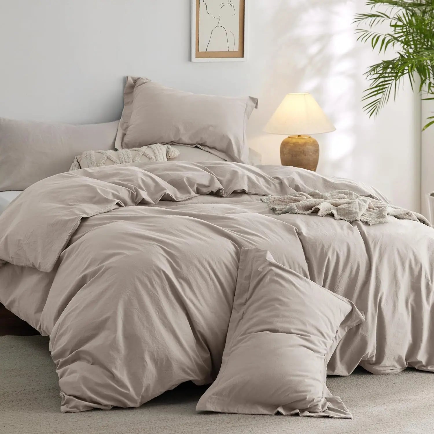 100% Washed Cotton Duvet Cover Set -  Linen Grey