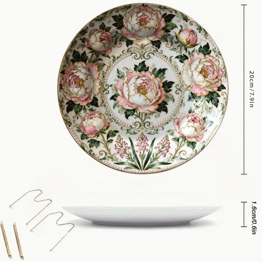 Decorative plate with floral design and measurement details on a white background
