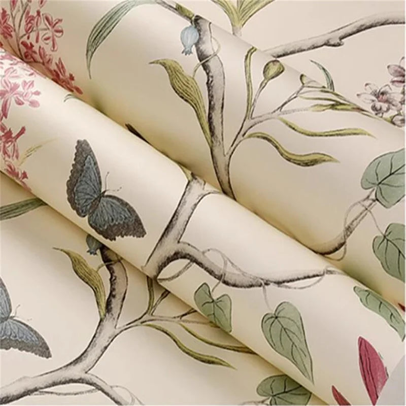 Roll of wallpaper with floral and butterfly design