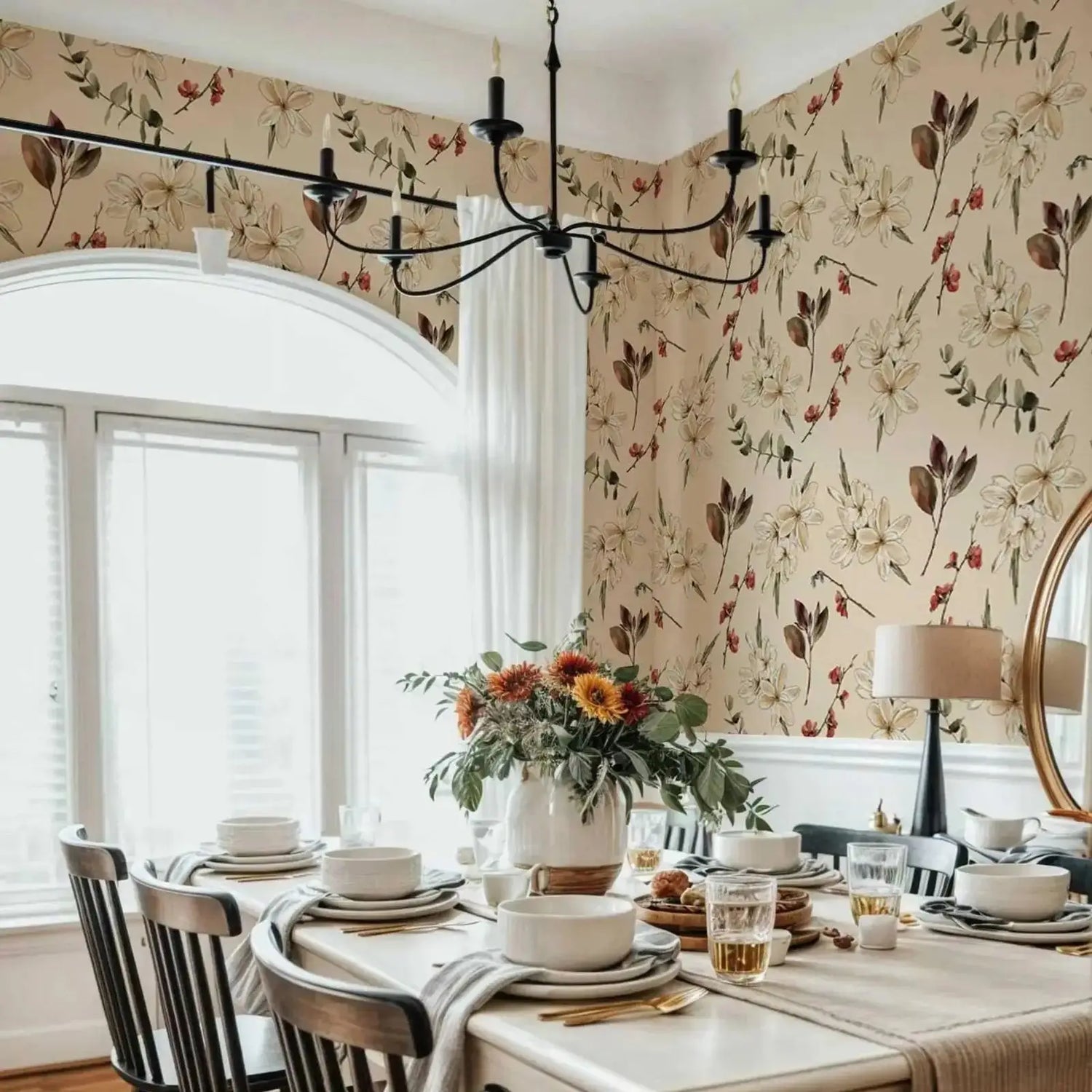 Dining room with floral wallpaper, table set for a meal, and decorative elements.