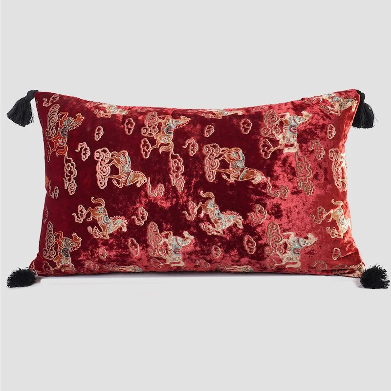 Imperial Horse Velvet Chinoiserie Throw Pillow Cover