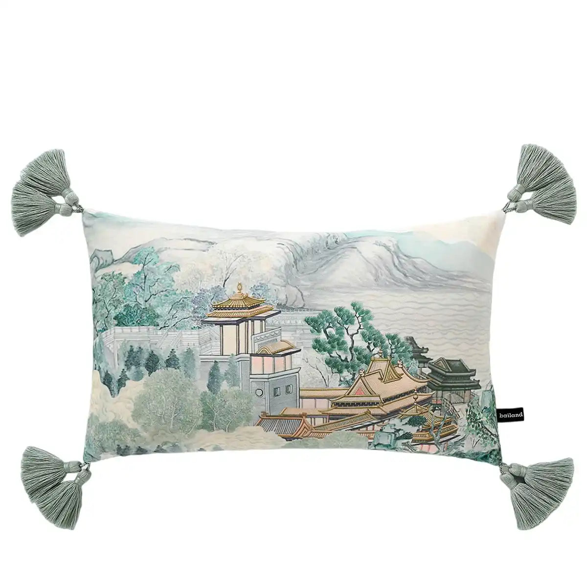 Heritage-inspired throw pillow featuring an oriental garden design with tassels, ideal for home decor.