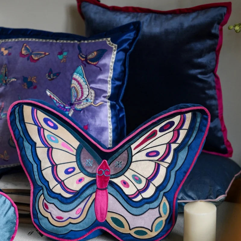 Chinoiserie Butterfly Purple & Blue Velvet Embroidered Throw Pillow
