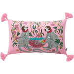 Decorative throw pillow featuring playful monkeys surrounded by floral designs on a pink background, perfect for adding a whimsical touch to your home decor.