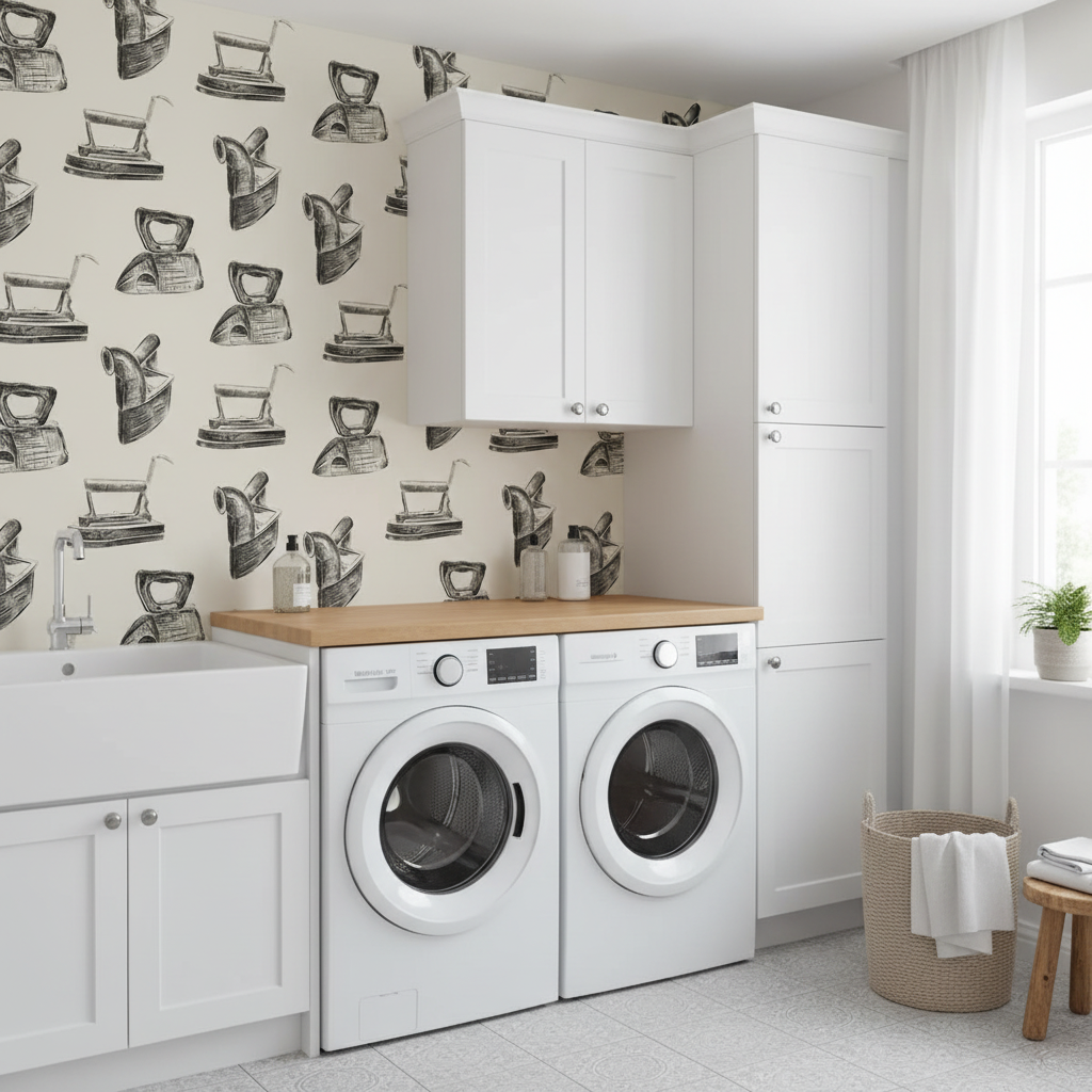 Modern laundry room with white washing machines, wooden countertop, and patterned wallpaper.