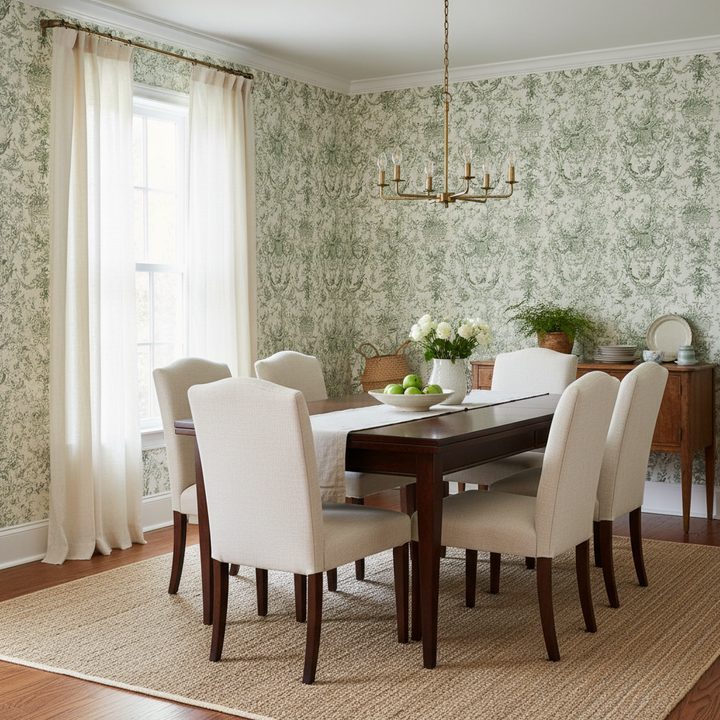 Dining room with floral wallpaper, wooden table, and white chairs.