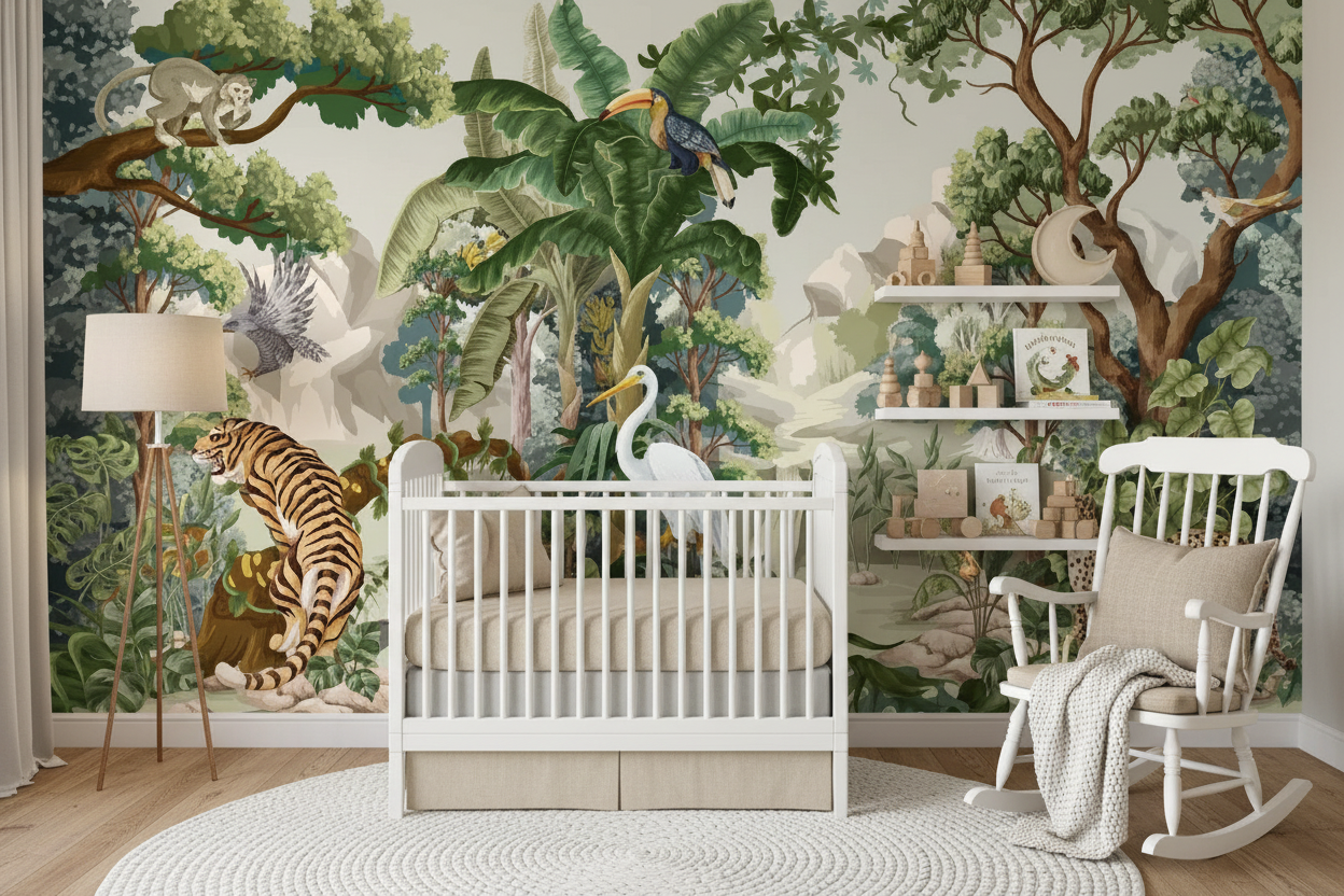 Children's room with jungle-themed wallpaper, crib, and rocking chair.