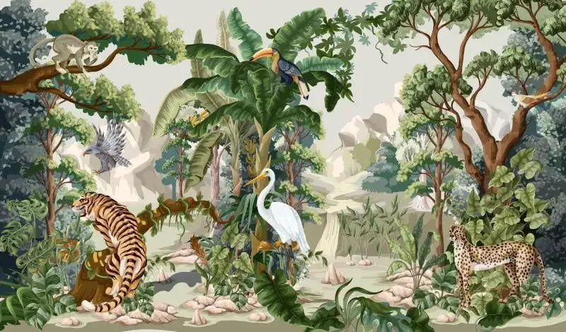 Jungle scene with animals and foliage