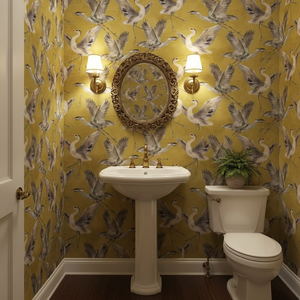 Bathroom with yellow walls featuring bird pattern, white sink, and toilet.