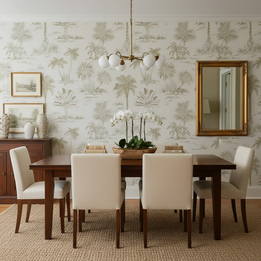 Dining room with wooden table and chairs against a wall with palm tree wallpaper.