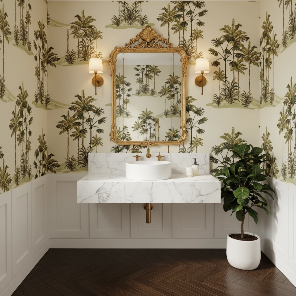 Bathroom with marble sink, gold-framed mirror, and palm tree wallpaper.