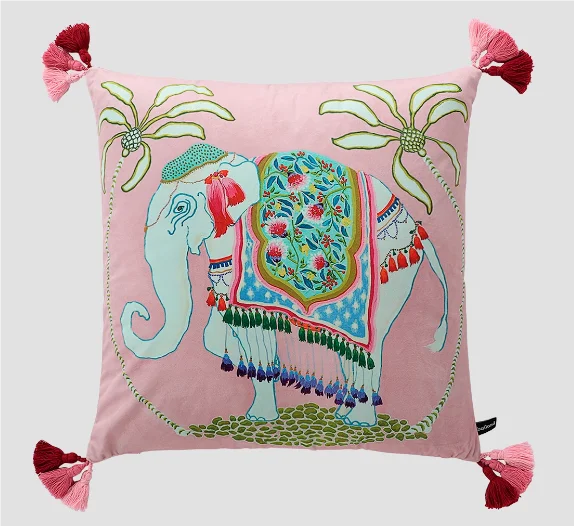 Opulent Majestic Elephant Cushion Cover with Red Tassels