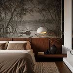 Modern bedroom with a large wall mural of a forest scene.