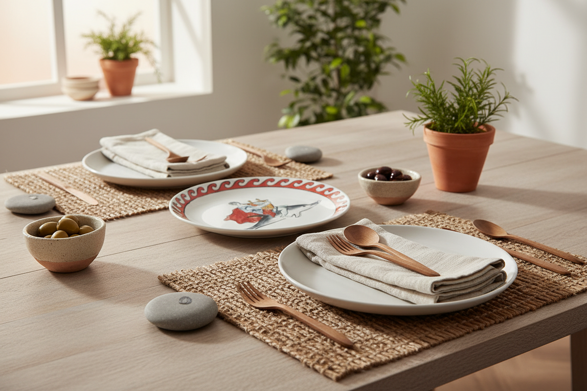 Poseidon's Journey Red Apollo & Dolphin Decorative Ceramic Plate set on a woven placemat at a table setting.
