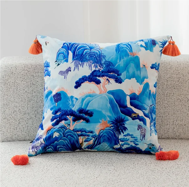 Tranquil Azure Mountain & Safari Cushion Cover