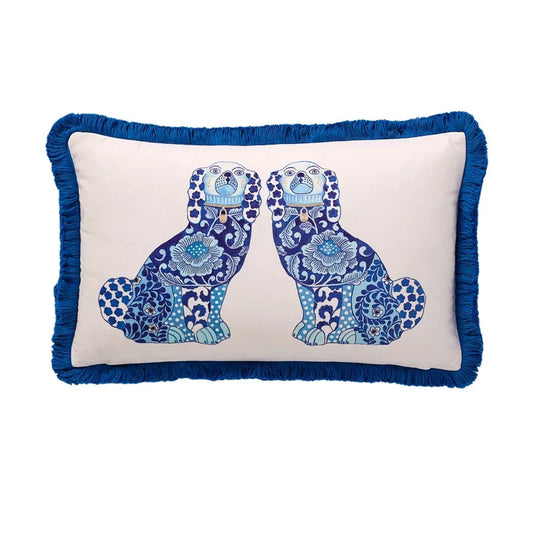 Infuse your home decor with classic charm using this decorative pillow cover featuring a blue Staffordshire dog motif adorned with fringes. Perfect for lovers of traditional aesthetics, this cover adds a touch of elegance to any sofa or bed, enhancing the timeless appeal of your living space.