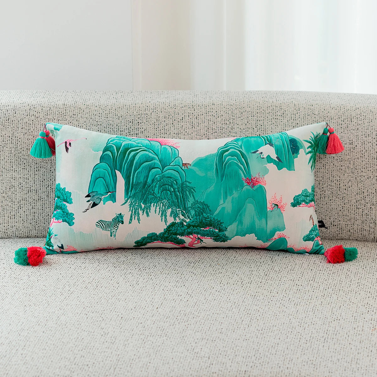 Teal and Pink Crane Lumbar Pillowcase with Tassels