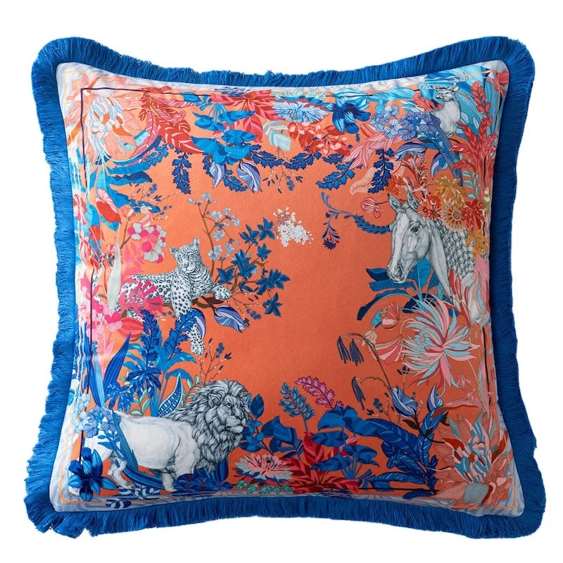 Jade Crane Pond Velvet Chinoiserie Throw Pillow Cover
