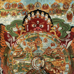 Colorful intricate design with a central figure surrounded by smaller images and patterns