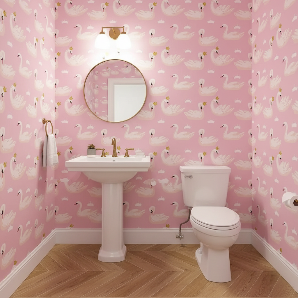 Bathroom with pink swan wallpaper, white sink, and toilet.