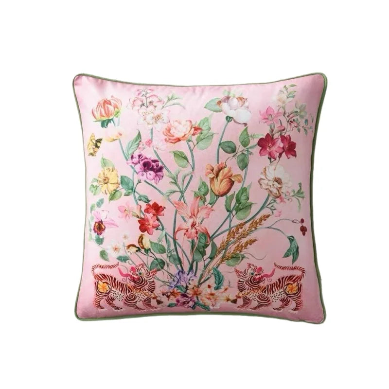 Blushing Tigress Velvet Floral Tiger Throw Pillow Cover