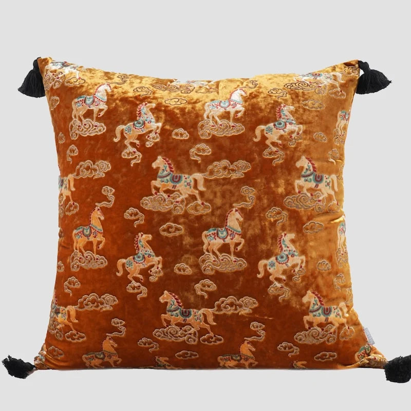 Vermilion Gallop Velvet Chinoiserie Horse Throw Pillow Cover