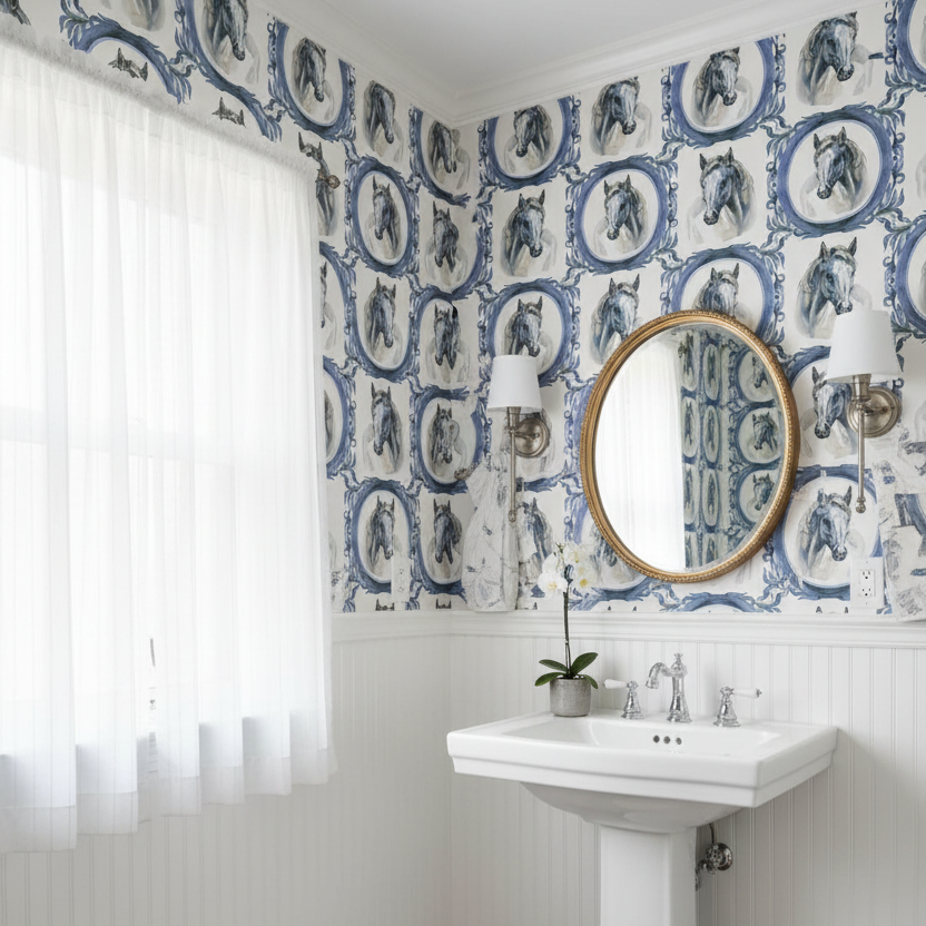 Bathroom with white pedestal sink, round mirror, and patterned wallpaper.