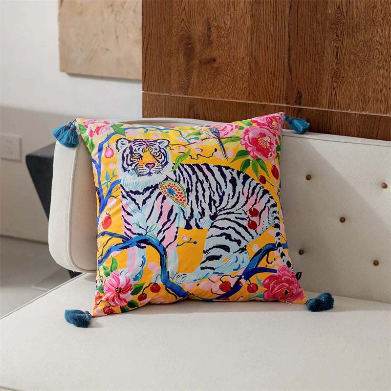Vibrant Regal Tiger Pillow Cover with Blue colored Tassels