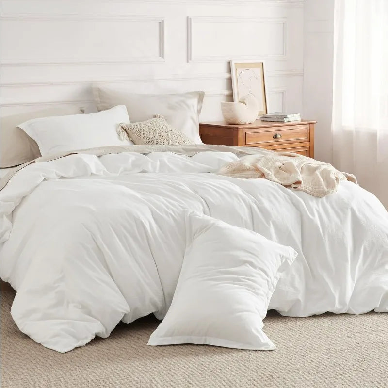 100% Washed Cotton Duvet Cover Set -  Washed White