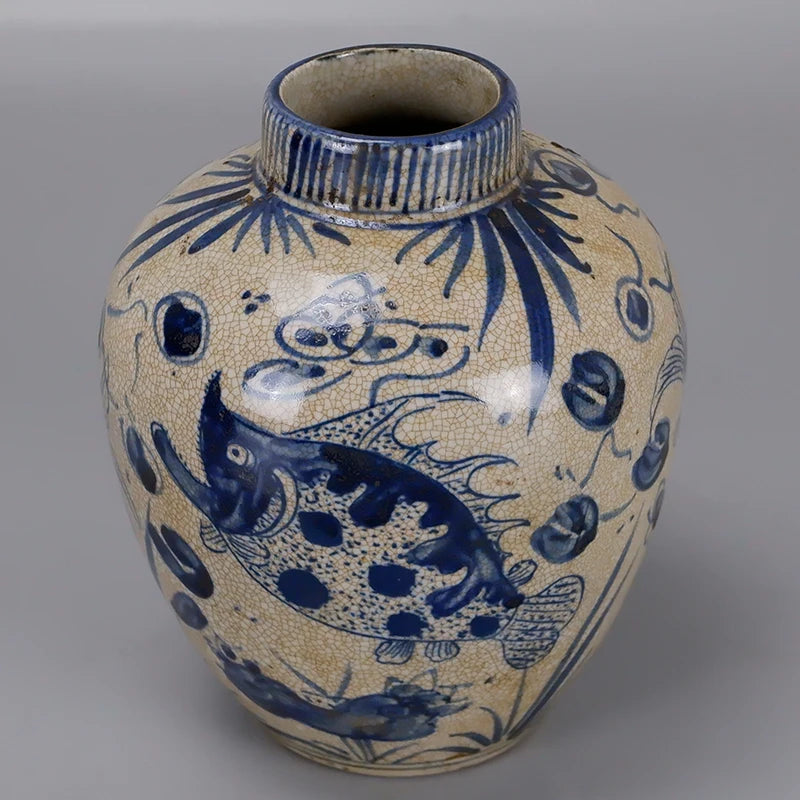 Yuan Blue & White Fish & Lotus Porcelain Jar — Antique Reproduction