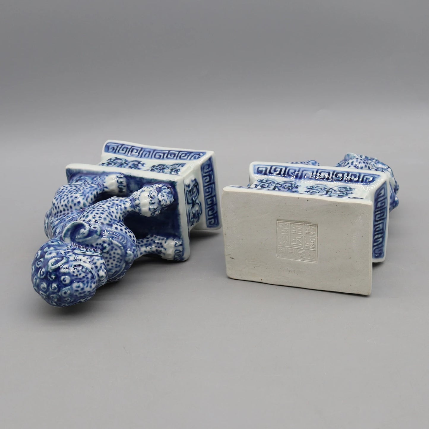 Pair of Guardian Blue Foo Dog Porcelain Sculptures