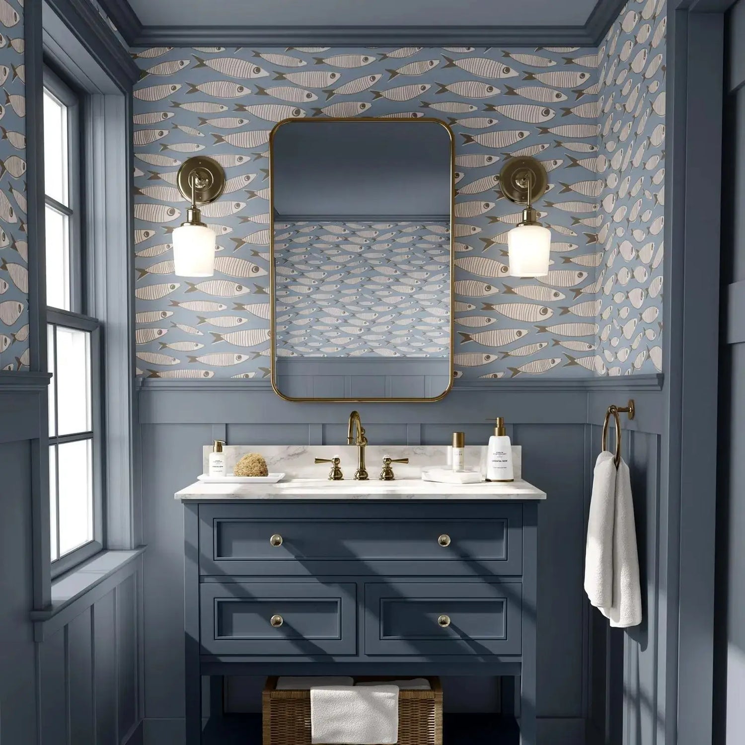 Bathroom with blue walls, patterned wallpaper, and a vanity with mirror.