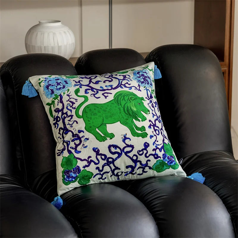 Luxurious Blue & White Lion Print Cushion Cover