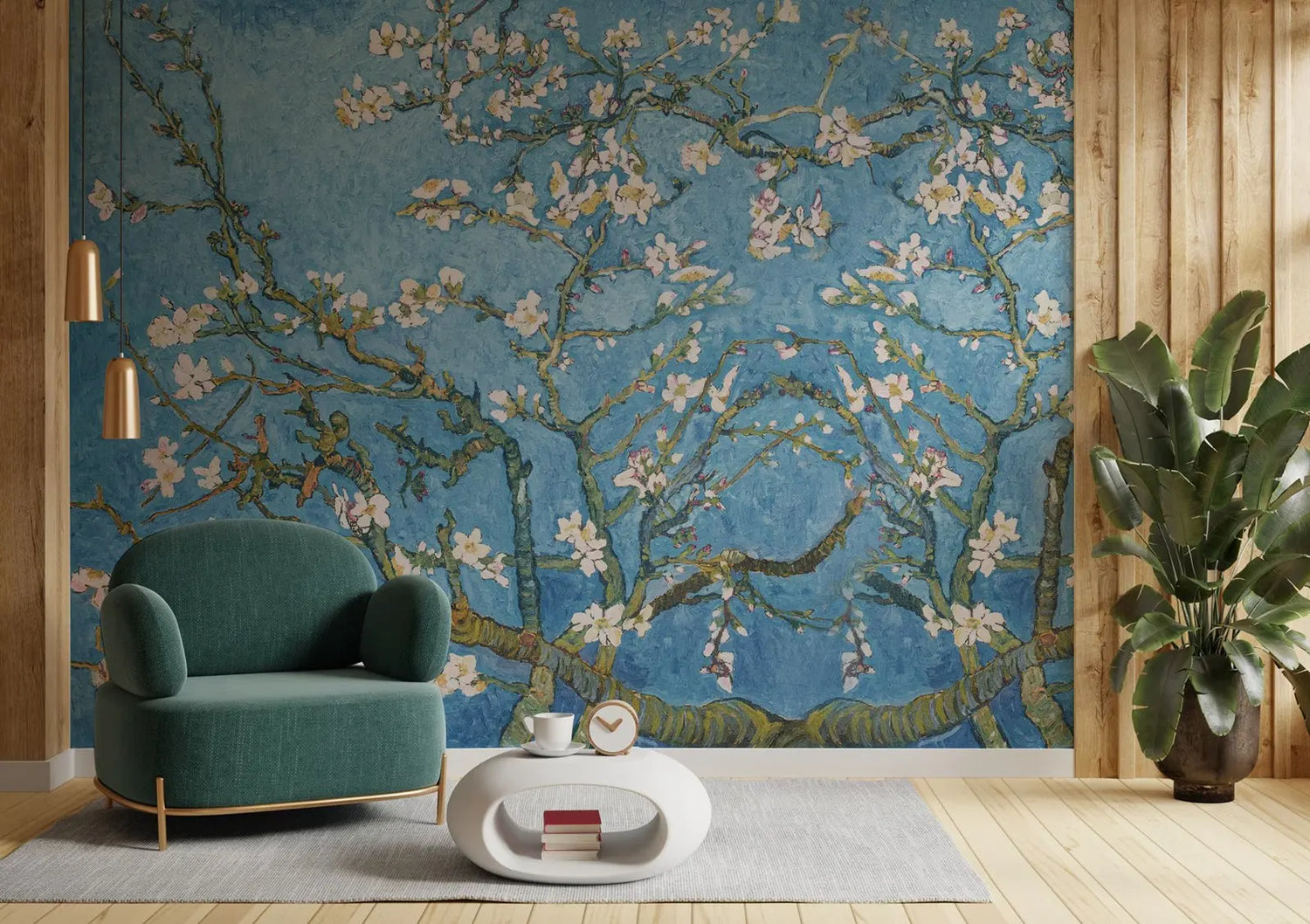 Living room with teal armchair and coffee table in front of a Van Gogh-style wall mural.