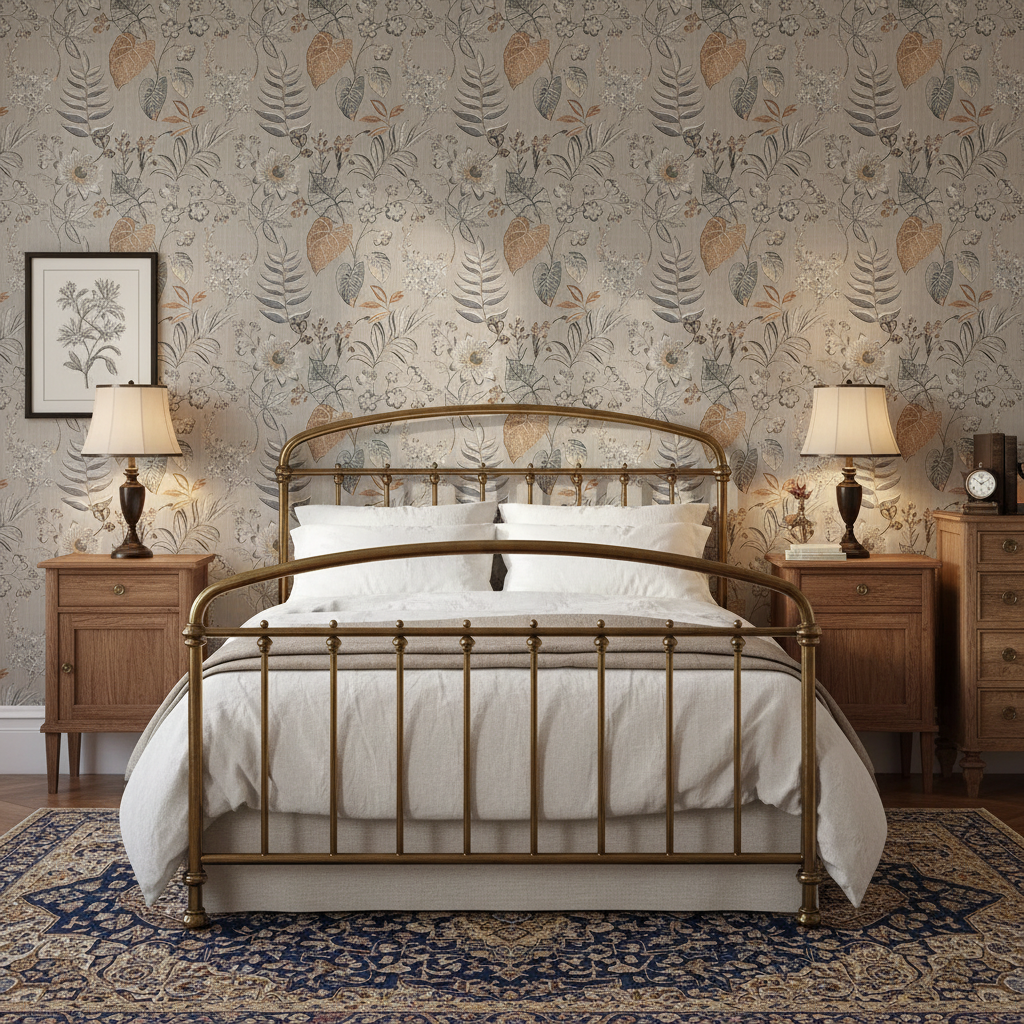 Bedroom with a gold bed frame, white bedding, and floral wallpaper.