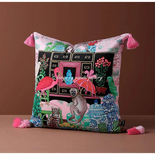 Elevate your decor with this luxurious velvet throw pillow cover featuring a charming Chinoiserie design of monkeys and birds. The addition of a tassel adds a touch of elegance and whimsy, making it a delightful accent for any sofa or bed.