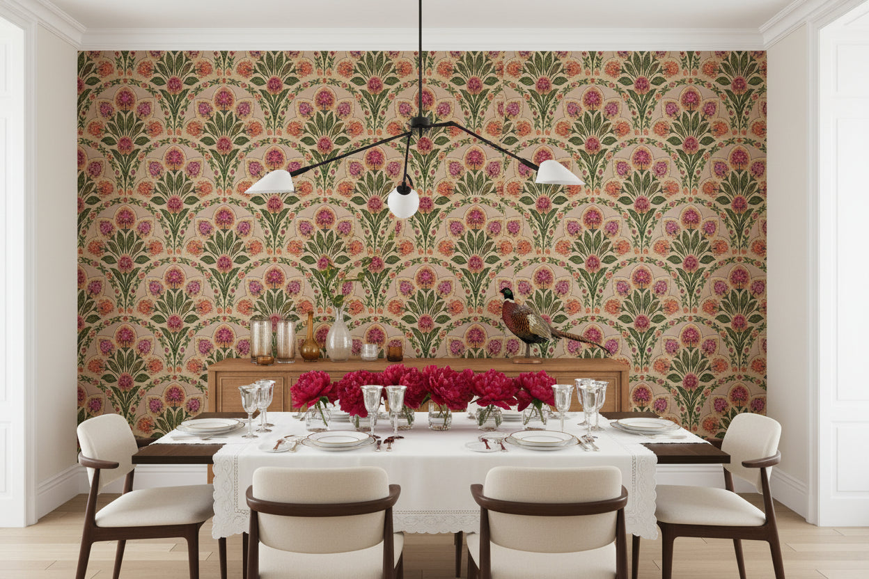 Wooden dresser against a wall with decorative floral wallpaper