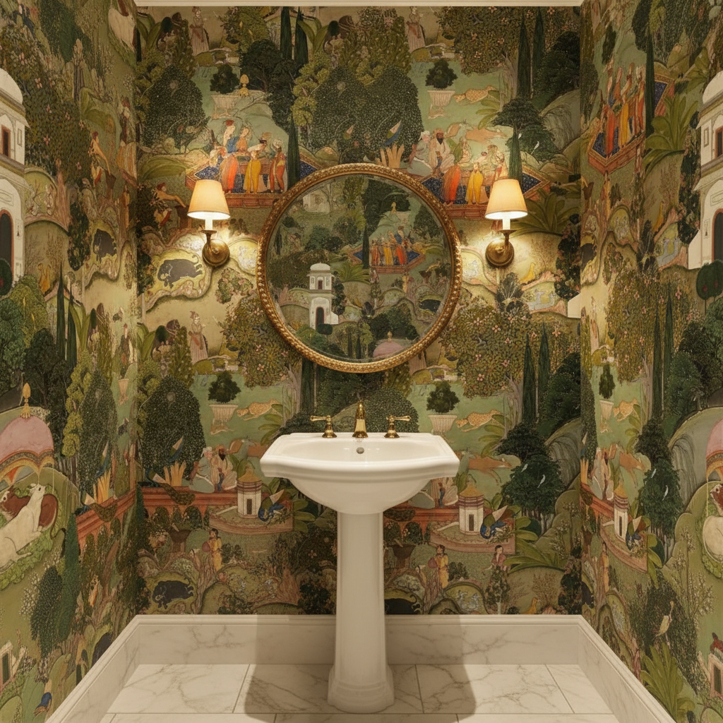 Decorative bathroom with intricate wall mural and pedestal sink.