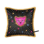 Embroidered Pink Cat Velvet Accent Pillow with Fringe I'm the One