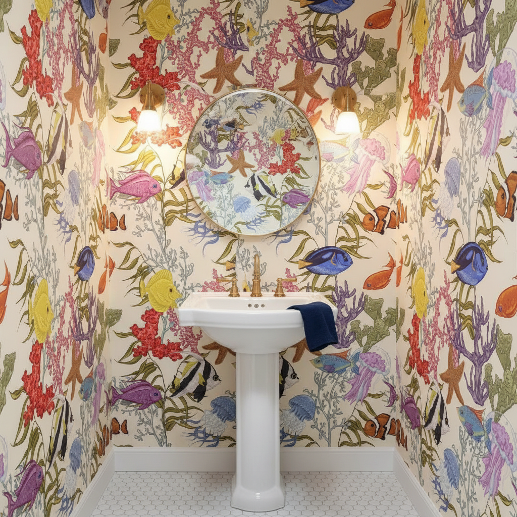 Bathroom with colorful fish and coral wallpaper and a white pedestal sink.