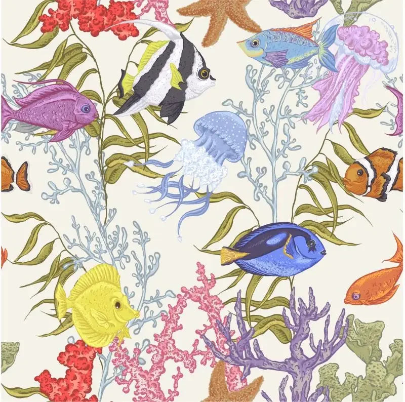 Colorful pattern of fish and coral on a white background