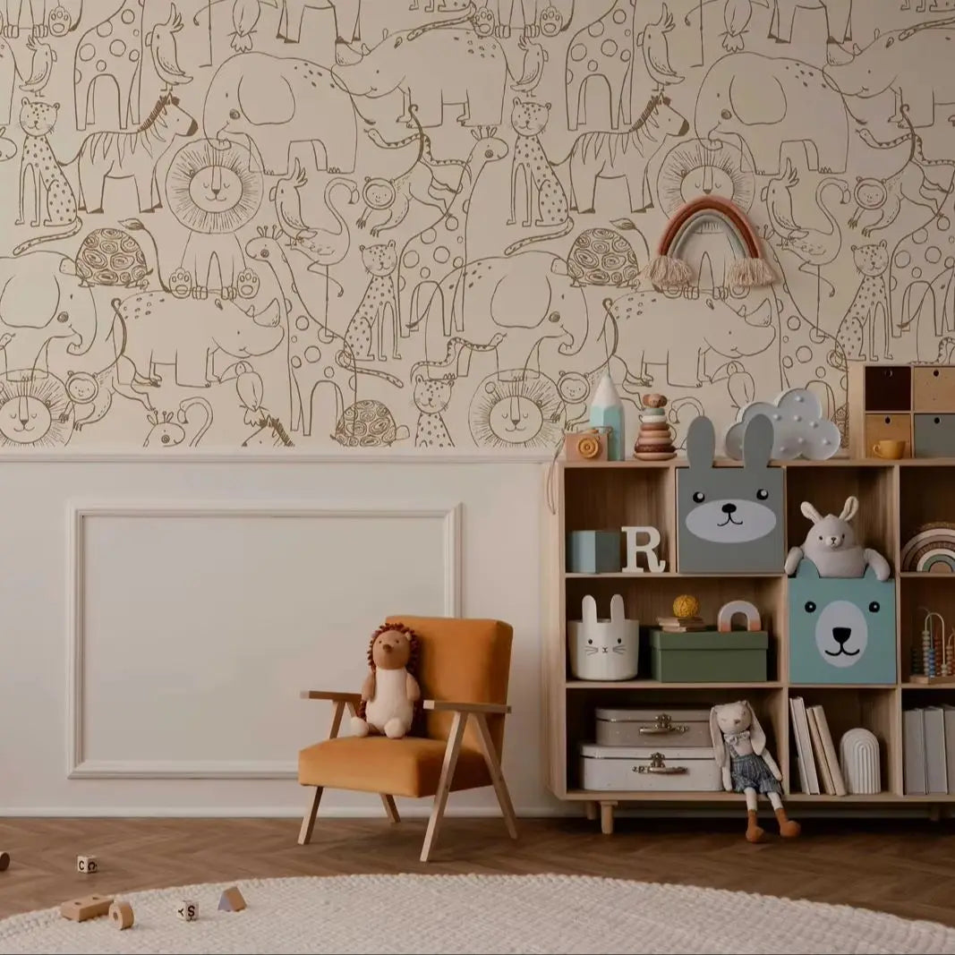 Children's room with animal-themed wallpaper, orange chair, and bookshelf with toys.