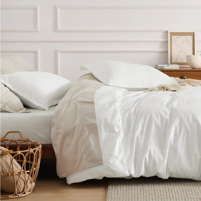 100% Washed Cotton Duvet Cover Set -  Washed White