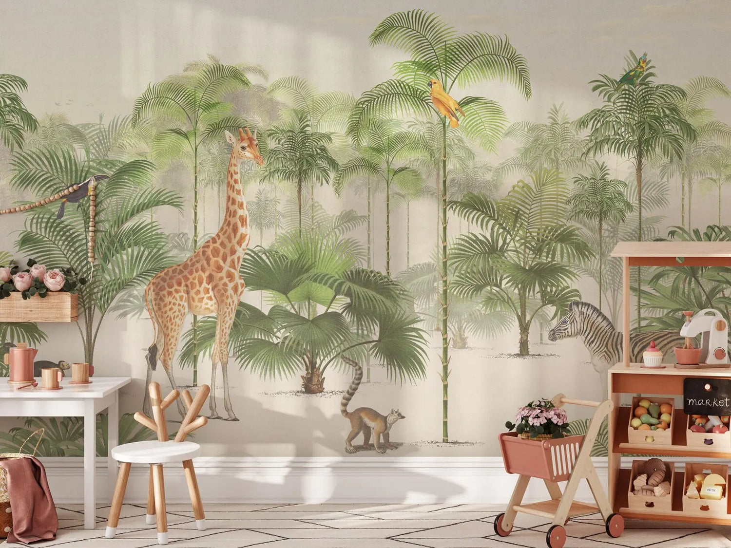 Children's room with jungle-themed wallpaper featuring a giraffe and palm trees.