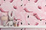 Pink flamingo wallpaper with a shelf featuring a plush rabbit and decorative items.