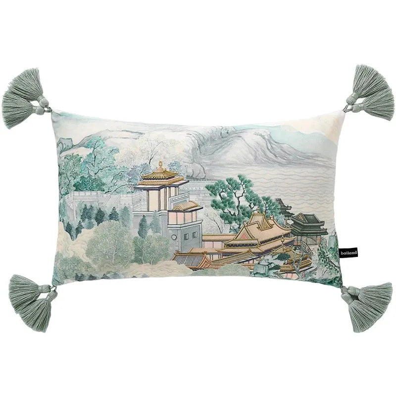 Oriental Pagoda Landscape Velvet Throw Pillow Cover with Tassels